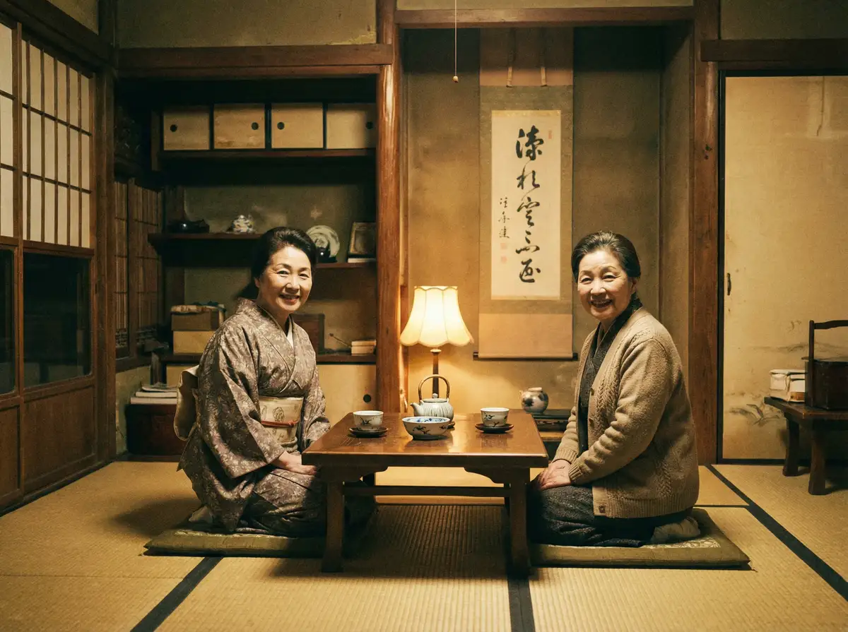 两位优雅的 千恋万花 在日式茶室中品茶交谈